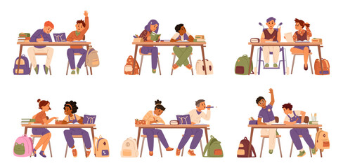 School children sitting in pairs at desks studying flat vector illustrations set isolated on white. Pupils of different races and abilities with school supplies and backpacks.