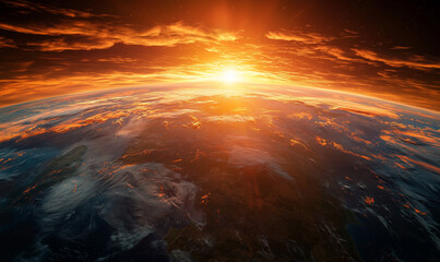 Obraz premium Dynamic atmosphere over earth’s horizon astronomical sunrise view from outer space living planet in cosmos stunning skyline of solar system