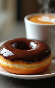 Delicious Chocolate Glazed Donut and Latte Coffee Sweet Treat Breakfast