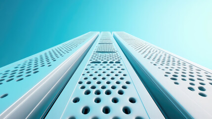 Futuristic skyscrapers with perforated surfaces rise against clear blue sky, showcasing modern architectural design. structures evoke sense of innovation and elegance