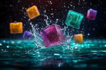 Colorful Ice Cubes Splashing