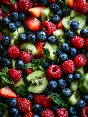 Obraz premium Fresh vibrant fruit salad with strawberries, blueberries, raspberries, kiwi, and mint. Perfect for healthy eating and summer recipes.