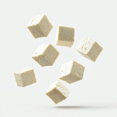  Cubes of Fresh Tofu Floating on White Background