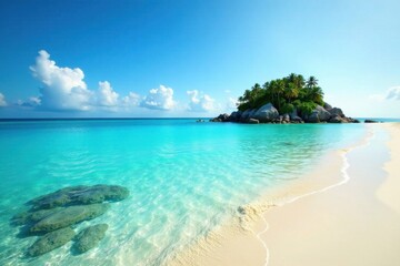 Sandy beach with crystal clear waters and coral reefs, a small island rising from the surface, beach, island, coral reef