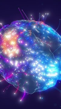 Artificial intelligence and neural network vertical video. Brain connectome and neural connections mapping. Digital brain concept