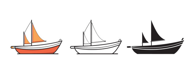 vector of silhouette, illustration and coloring page of boat