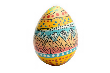 A vibrant Easter egg adorned with joyful, playful patterns in a kaleidoscope of yellow, blue, and pink against a clean white background.