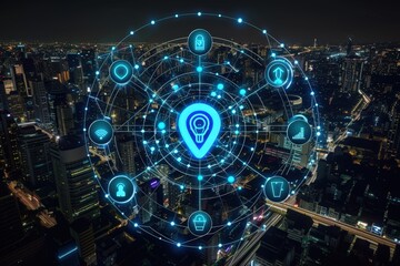 Obraz premium A digital representation of a cityscape at night, featuring interconnected icons symbolizing technology and location services.