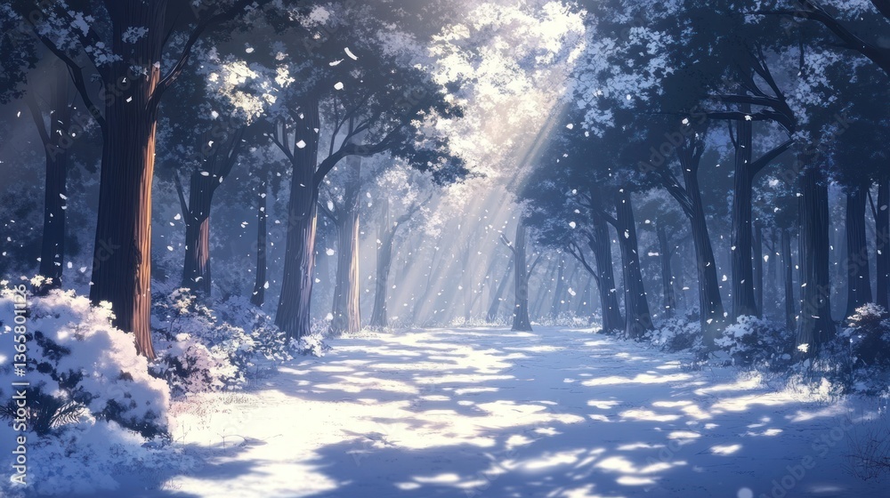 Poster Sunbeams illuminate a snowy path through a tranquil winter forest.