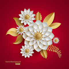 3D bunch of golden arabesque style white flowers on red background