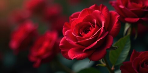 Fototapeta premium Deep red roses, close-up, out of focus background, petals, bokeh