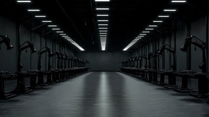 Futuristic Factory  Robotic Assembly Line  Dark Industrial Interior