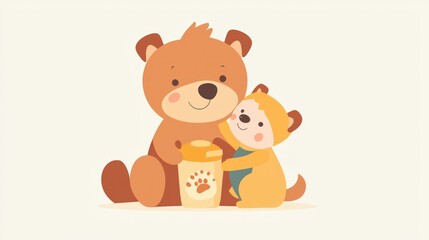Fototapeta premium Cute cartoon bear and baby animal holding a bottle in joyful scene
