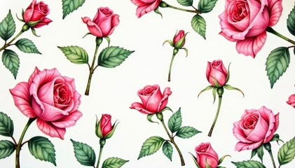 Delicate watercolor rosebuds and leaves repeat seamlessly , plant, flower
