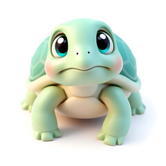 Fototapeta premium Turtle – 3D baby turtle, round shell, big eyes, pastel green and turquoise tones, white background Generative AI