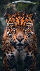 Obraz premium Close-Up Portrait of a Majestic Jaguar in a Lush Green Environment