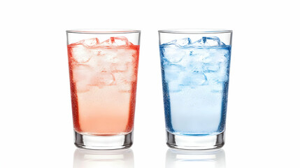 Two Glasses Of Sparkling Beverages, Red And Blue, With Ice