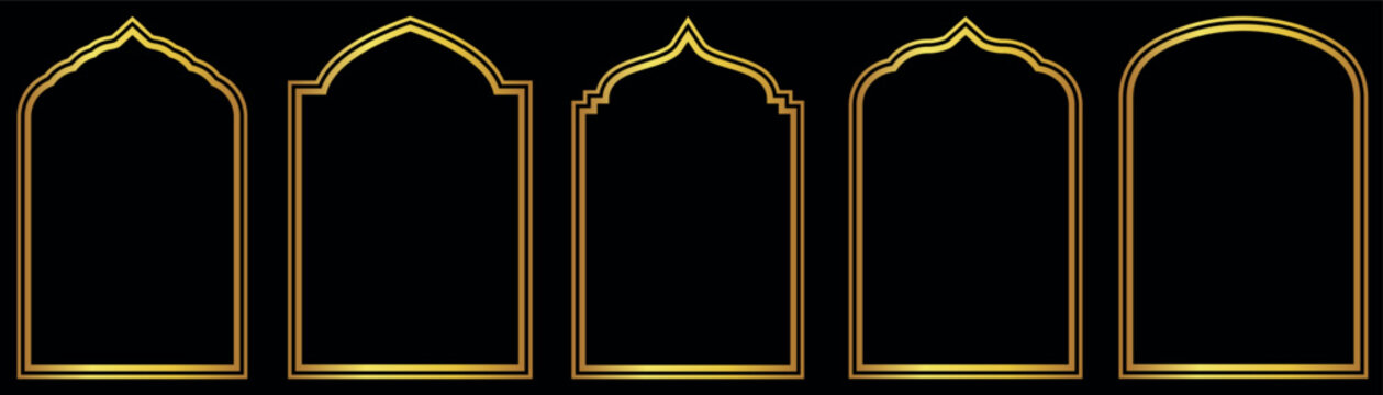 Arabian arc gold traditional windows, mosque shapes graphic islam elements. Golden ramadan frames, mosque arches, moroccan arabic border or door. Arabic muslim architecture design elements.