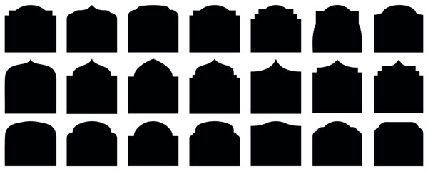 IIslamic door and window shape. mosque gates and window frame.Traditional islamic arches boho minimalist design, arabic geometric frames with mosque dome silhouette. Set of Islamic border frame vector
