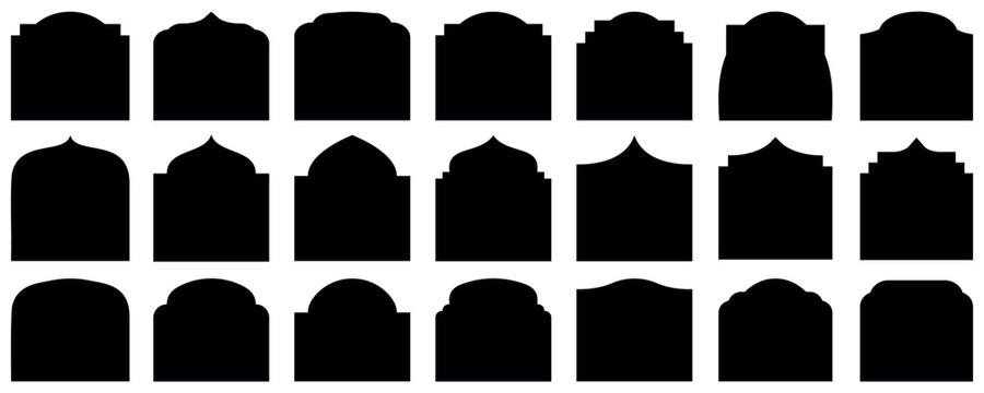 IIslamic door and window shape. mosque gates and window frame.Traditional islamic arches boho minimalist design, arabic geometric frames with mosque dome silhouette. Set of Islamic border frame vector