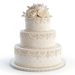 Elegant Ivory Wedding Cake with Rose Topper and Pearl Detail,Celebration , Sweet