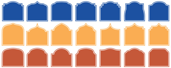 IIslamic door and window shape. mosque gates and window frame.Traditional islamic arches boho minimalist design, arabic geometric frames with mosque dome silhouette. Set of Islamic border frame vector