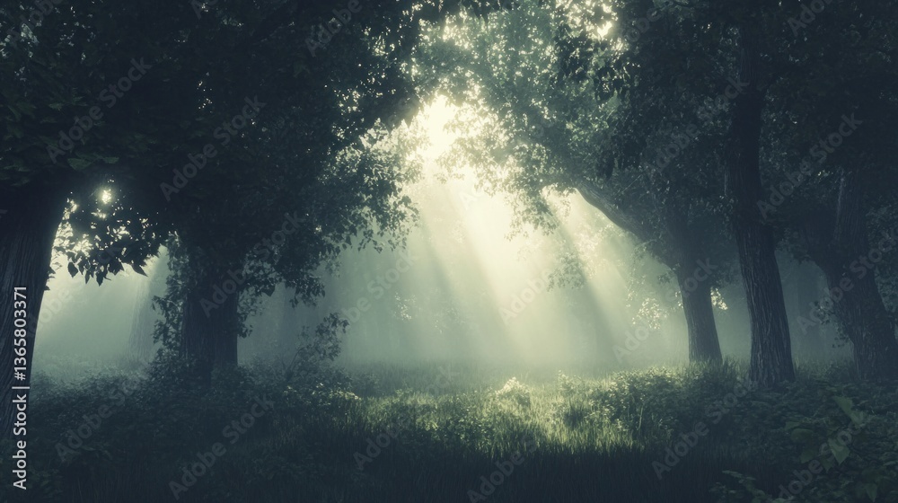 Poster Sunbeams pierce through a misty forest, illuminating the path and creating a magical atmosphere.