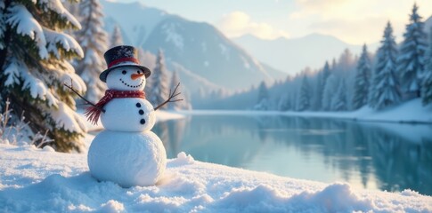 Obraz premium Snowman stands alone in winter landscape with snow-covered trees and frozen lake , serene, frosty