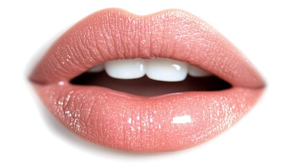 Close up of glossy lips with peach lipstick and visible teeth row