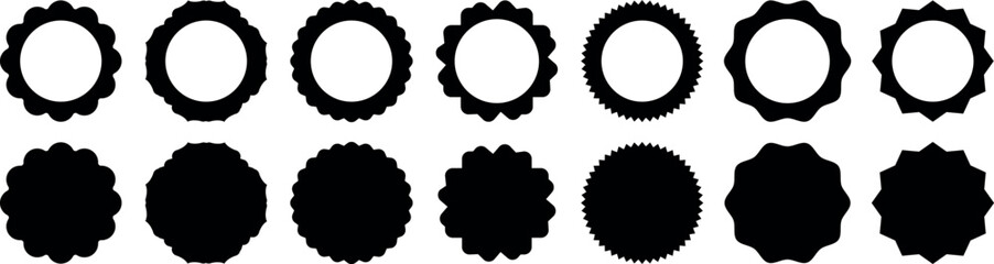 Circle and  scalloped frames. rectangle, rhombus, oval, Scalloped edge rectangle and ellipse shapes. Simple label and sticker form. Flower silhouette lace frame. Vector illustration.