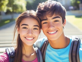 Obraz premium Teen Selfie on Campus Steps.