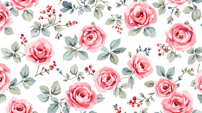 Watercolor style seamless pattern of red roses, isolate on white background.