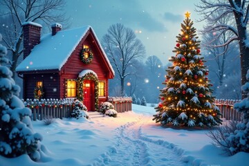 Snowy outdoor Christmas scene with decorated house and fence, snow-covered ground and Christmas tree , christmas scene backdrop, snow covered yard