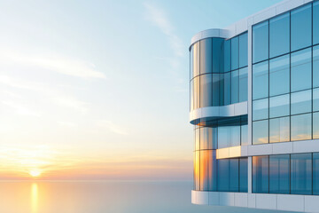 Modern building with curved glass walls and steel details reflecting sunrise over ocean, showcasing oriental architectural elements and luxury design