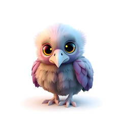 Vulture &ndash; 3D baby vulture, tiny round beak, fluffy chubby body, big glowing eyes, pastel gray and purple tones, white background Generative AI