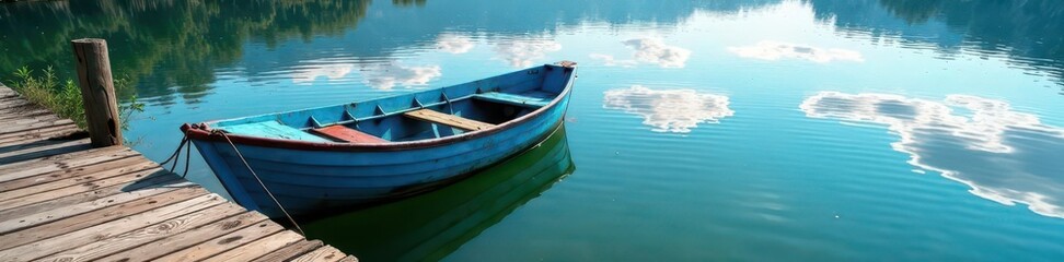 Obraz premium Weathered blue boat moored to rustic dock, tranquil lake scene , peaceful, dock