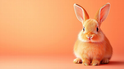 Fototapeta premium Fluffy rabbit with large ears sitting on soft orange background, exuding cuteness and charm