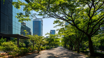Urban Road Lined With Lush Green Trees Leading Towards Modern Glass Buildings Under Bright Sunny Skies