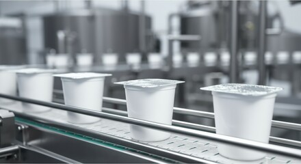 White yogurt cups on a production line in a food processing facility