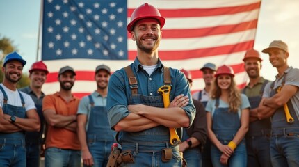 A diverse group of workers celebrating Labor Day outdoors with tools, standing in front of an American flag backdrop, showcasing a patriotic and festive mood.