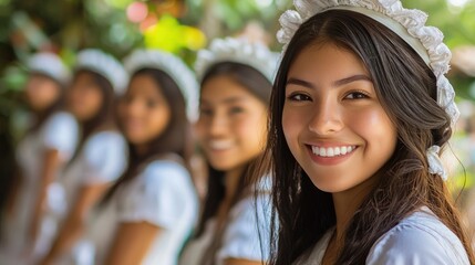 Obraz premium Young Women in Traditional Dress Smiling at Outdoor Gathering