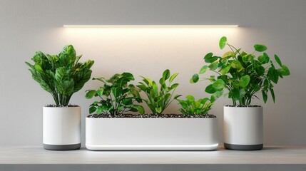 Fototapeta premium 2025 Start and Lifestyle concept. Modern indoor plants in stylish pots with soft lighting above.