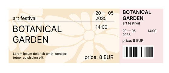 Modern ticket template design. Ticket for 
art festival, exhibition, concert. Design with abstract flower background. Soft pastel colors.