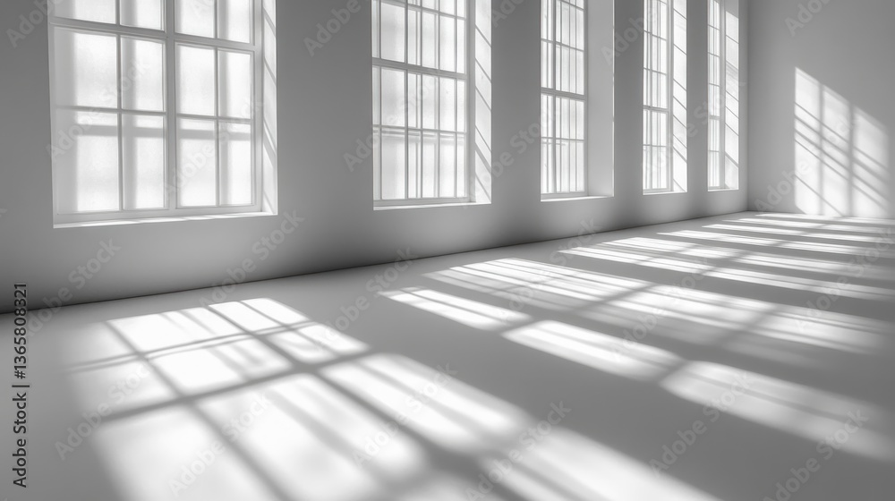 Poster Sunlight streams through large windows in a minimalist white room, casting long shadows on the floor.
