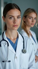 Fototapeta premium Vertical close-up of a doctor and nurse in white coats, serious expressions, stethoscope, clinical setting.