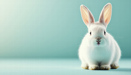Obraz premium cute white rabbit sitting on soft surface, exuding calm and playful vibe