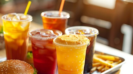 Fototapeta premium Assorted fast food beverages on a tray