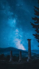 Ancient stone columns under a mesmerizing night sky filled with stars and the Milky Way. Serene landscape.