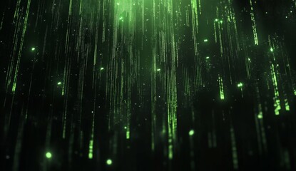 Abstract digital rain, vibrant green streams cascading downwards against a dark background.  Glowing particles create a dynamic, futuristic effect
