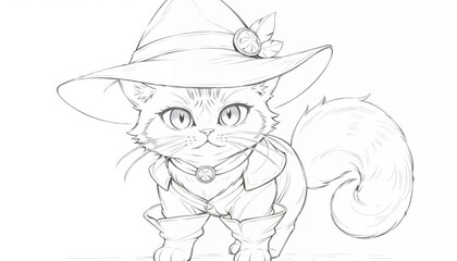 Obraz premium Cute Cat Wearing Wizard Hat and Costume in Playful Sketch 